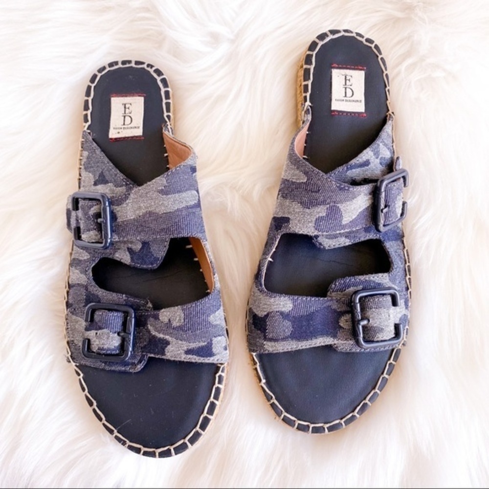 Blue Camo Print Buckle Strap Espadrille Slip On Sandals